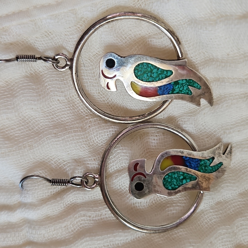 Colorful Parrot Inlay Hoop Drop Earrings - Picture 7 of 8
